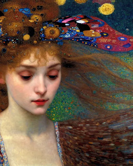 Prompt: a close up of beautiful girl flying through the clouds surrounded by colourful intricate patterns, by gustave klimt edgar maxence and caravaggio and michael whelan, intricate painting, hyper realistic, extremely detailed and beautiful aesthetic face, 8 k resolution