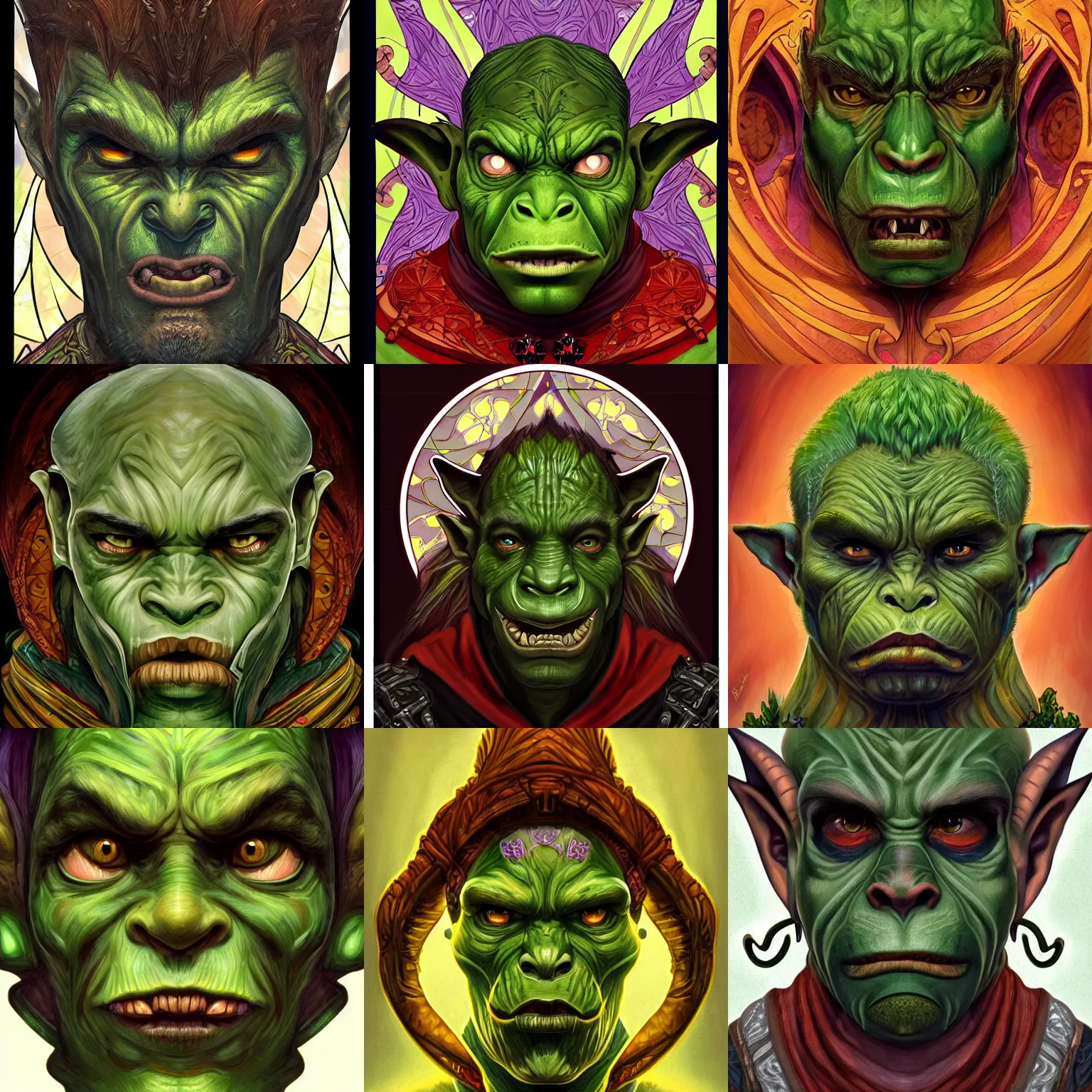 Prompt: head-on symmetrical centered painted portrait, male goblin orc rogue assassin, green skin, art nouveau, tarot card style, stained glass, fantasy, intricate, elegant, highly detailed, smooth, sharp focus, illustration, artstation, in the style of Artgerm and Anna Podedworna and Alex Ross and Mucha