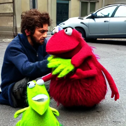 Image similar to disheveled homeless angry muppet stabbing Kermit out of jealousy. Photograph.