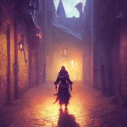 Image similar to huggy wuggy from poppy playtime video game sneaking through the streets of a medieval village at night, glowing lights, oil painting, Greg Rutkowski, Charlie Bowater, Beeple, unreal 5, DAZ, hyperrealistic, octane render, RPG portrait, dynamic lighting, fantasy art, beautiful face