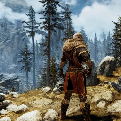 Image similar to character screenshot of conor mcgregor in skyrim, female armor, npc talking, wilderness, 1 0 8 0 p, bokeh, elder scrolls v, detailed, dialog text