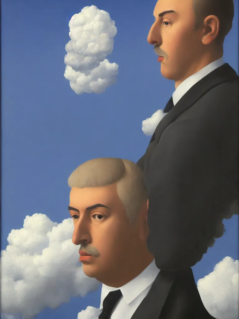 Image similar to portrwit of man with cloud instead of his head by rene magritte, detailed painting, hd, hq, high resolution, high detail, 4 k, 8 k