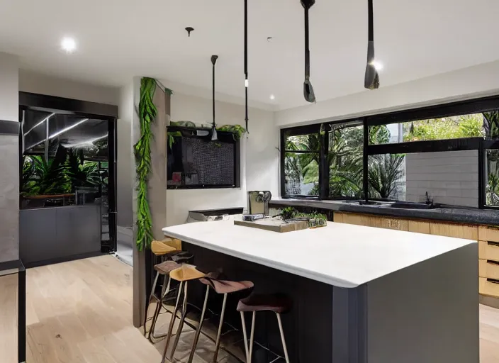 Prompt: luxurious cannabis kitchen in australian suburban everyday life, charming and tranquil