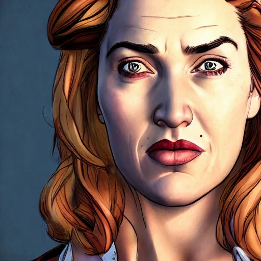 Image similar to kate winslet portrait, borderlands, tales from the borderlands, the wolf among us, comic, cinematic lighting, studio quality, 8 k