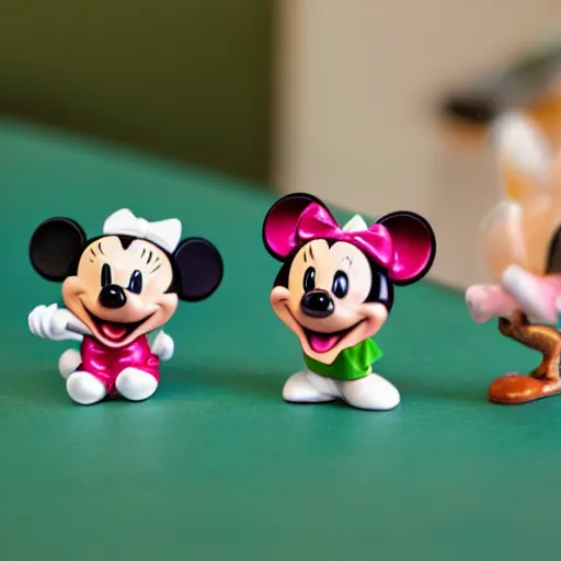 Prompt: product photograph of cute vintage disney figurines by isabel han : 4 cute, chibi, popular, collectible, toys figures, mickey mouse, miney mouse, pluto, kawaii, toys, white background : 3