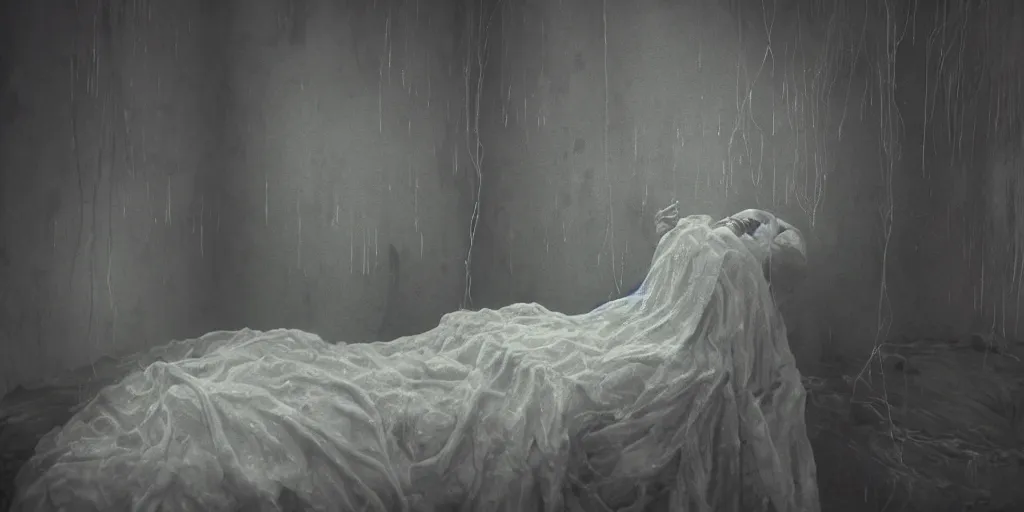 Image similar to rgb, a frozen woman, bedroom full of ice, sadness, cinematic, movie scene, inspired by zdzislaw beksinski, clothes made out of veins,, cables everywhere, bedroom, ultra realistic, concept art, intricate details, highly detailed, photorealistic, octane render, 8 k