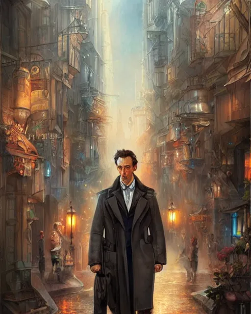 Image similar to portrait of sherlock holmes standing in a futuristic city street, soft colours, detailed, realistic, digital art, by alayna lemmer, by tom bagshaw