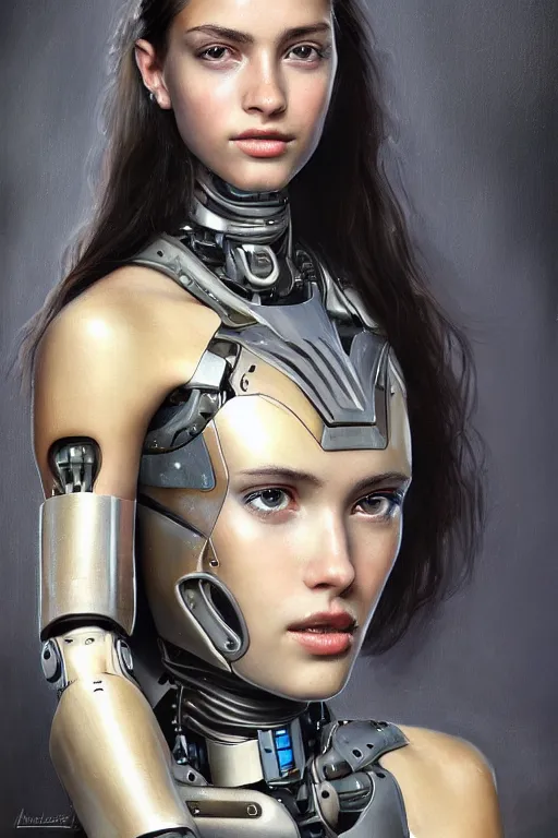 Prompt: a photorealistically painted portrait of an attractive young girl, partially clothed in cybernetic body armor, with an abstractly painted background, flawless olive skin, fair complexion, long dark hair, beautiful bone structure, perfectly symmetric facial features, perfect photorealistic eyes, natural physique, intricate, elegant, digital painting, concept art, finely detailed, beautifully illustrated, sharp focus, minimal artifacts, volumetric lighting, from Metal Gear, by Ruan Jia and Mandy Jurgens and Artgerm and William-Adolphe Bouguerea, in the style of Greg Rutkowski, trending on Artstation, award winning art