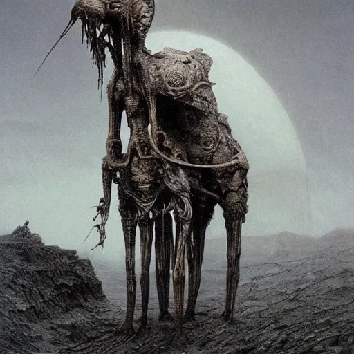 Prompt: an alien animal on a desolate planet, by Beksinski and h.r Giger