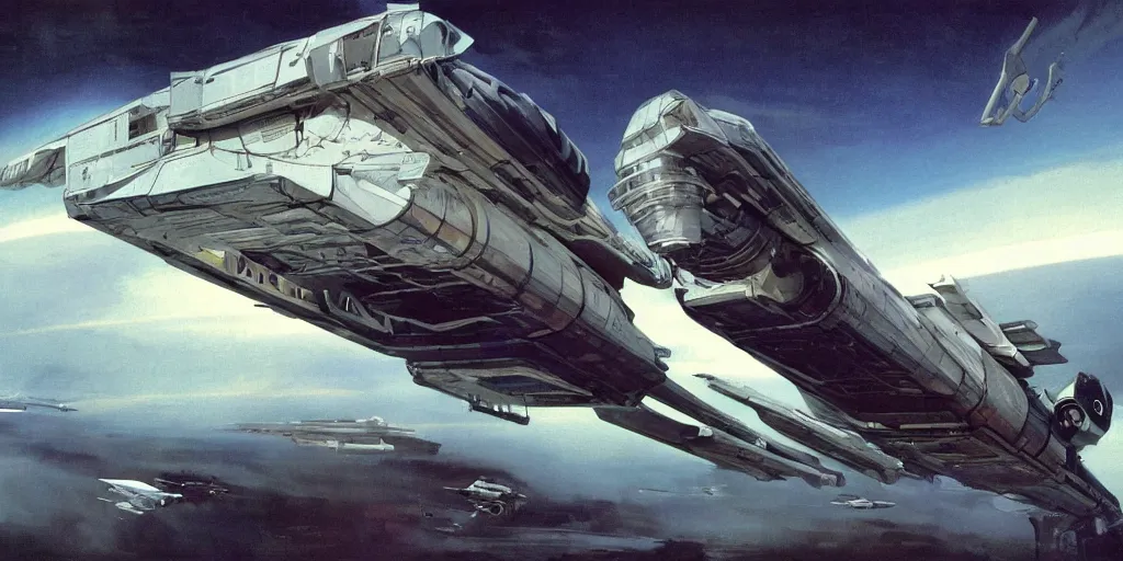 Image similar to concept art, transport spacecraft, exterior, Syd Mead, very wide view, atmospheric, epic composition