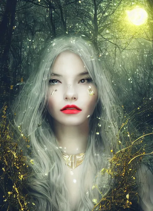 Image similar to white moon, glowing silver and golden elements, full close-up portrait, young female model from shutterstock as a dark witch, book cover, green forest, red lips, establishing shot, extremly high detail, photo-realistic, cinematic lighting, pen and ink, intricate line drawings, by Yoshitaka Amano, Ruan Jia, Kentaro Miura, Artgerm, post processed, concept art, artstation, matte painting, style by eddie, raphael lacoste, alex ross