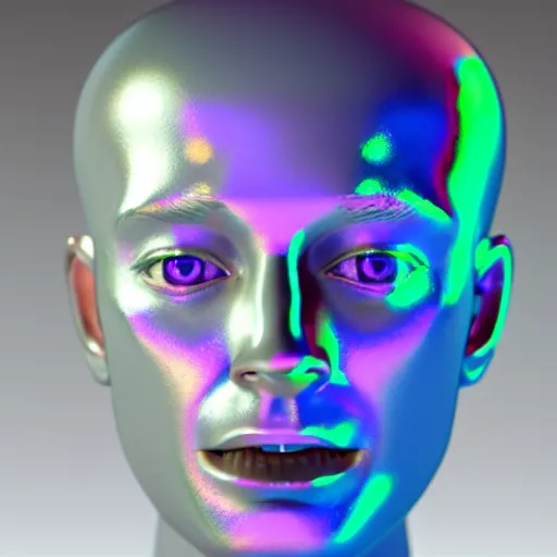 Image similar to 3d render of holographic human robotic head made of glossy iridescent, surrealistic 3d illustration of a human face non-binary, non binary model, 3d model human, cryengine, made of holographic texture, holographic material, holographic rainbow, concept of cyborg and artificial intelligence