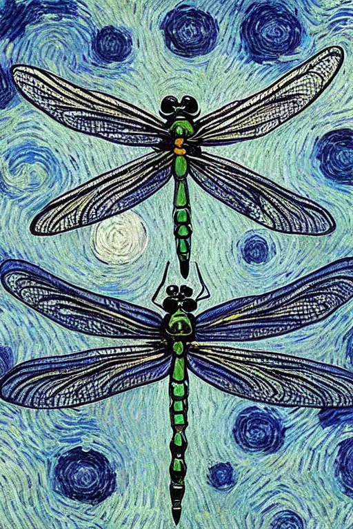 Prompt: symmetrical!!! looking at the camera!! dragonfly!! by vincent van gogh, starry night, big eyes, delicate wings