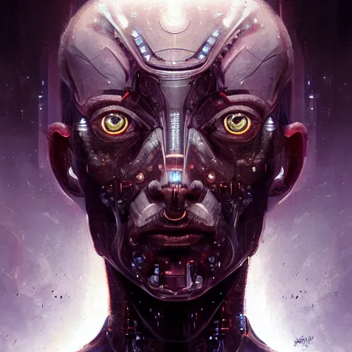 Prompt: surreal portrait by Greg Rutkowski, symmetrical face, cybernetic transhuman god, disturbing, terrifying but fascinating, with a determined and sinister expression on his face, cosmic void background, frightening, fascinating, highly detailed portrait, digital painting, book cover, artstation, concept art, smooth, sharp foccus ilustration, Artstation HQ