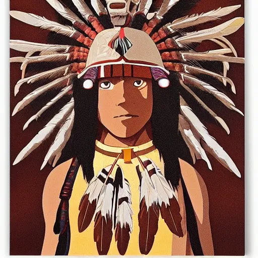 Prompt: futuristic, Native American art, brown skin by studio ghibli