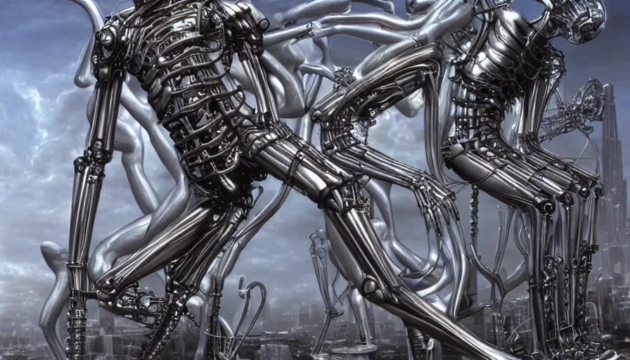 Image similar to biomechanical utopia full of sentient nanites and wonder, hyper realistic by Hajime Sorayama and H.R Giger,