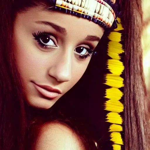 Prompt: ariana grande as a beautiful native american from 300 years ago, colour, photography, realistic,