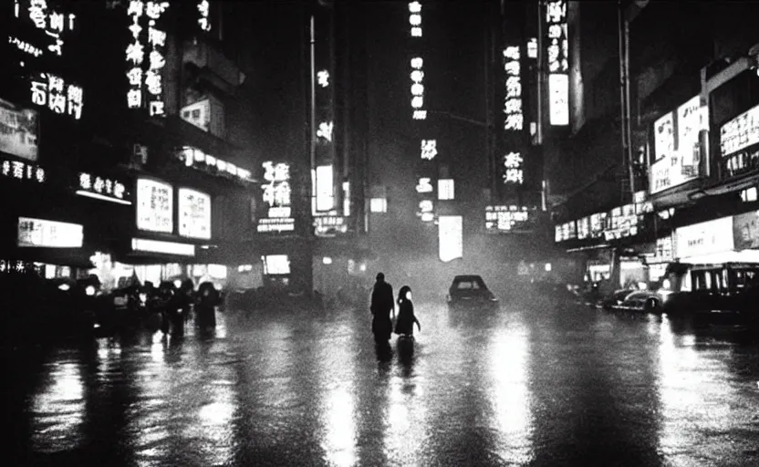 Image similar to 35mm atmospheric urban photographic landscape of Hong Kong 20XX, Blade Runner 1982 city, futuristic dystopian megacity skyline, hard rain falling, neon, industrial fires and smog