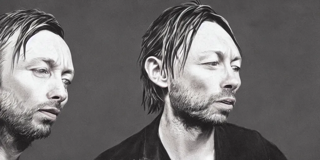 Image similar to photograph of print of thom yorke picture on a table, hyper realistic, variations of thom yorke, high quality photograph, mixed styles, intricate details, trees, diverse colors, deep emotional impact, very wide angle