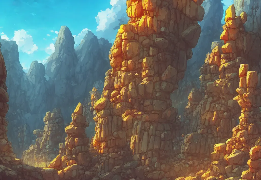 Prompt: rock piles and columns underground caves background, high detail illustration, sharp high detail, manga and anime 1 9 9 9, official fanart behance hd artstation by jesper ejsing and makoto shinkai, 4 k,