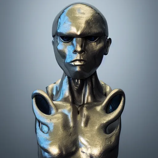 Image similar to 3 d render melted humanoid, berserker sculpture, chrometype, liquid metal, neotribal, raytraced, volumetric lightning, 8 k by wlop, innate studio h - 1 0 0 0 w - 1 0 0 0