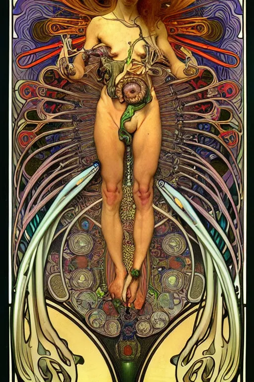 Image similar to extremely psychedelic anatomically accurate diagram of alien animal, intricate parts, fine details, hyper realistic, by seichen, alphonse mucha, surreal