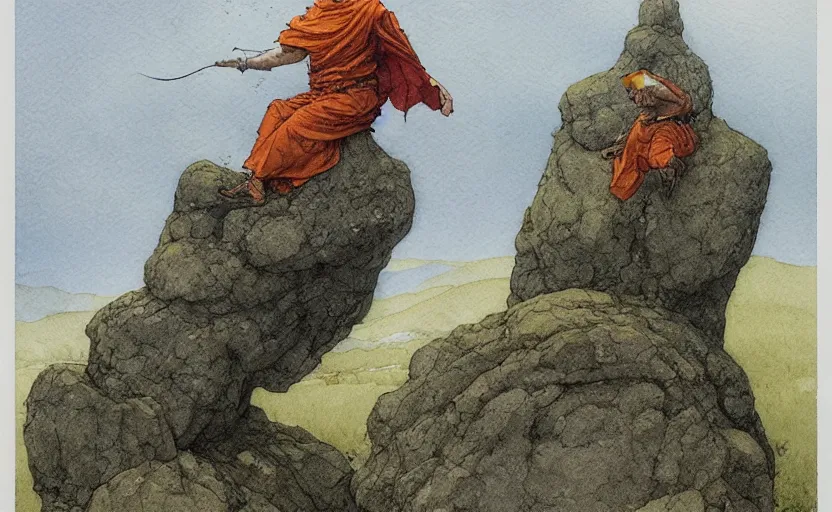 Prompt: a hyperrealist watercolour concept art of a monk levitating a huge rock over his head. it is a misty night on the moors of ireland. by rebecca guay, michael kaluta, charles vess and jean moebius giraud. high detail, hq