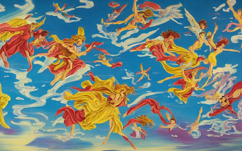 Image similar to vision of angels - a painting of an angel flying in the sky, with a group of angels flying above it by eiichiro oda and lawren harris, style of 6 0 s kitsch and psychedelia