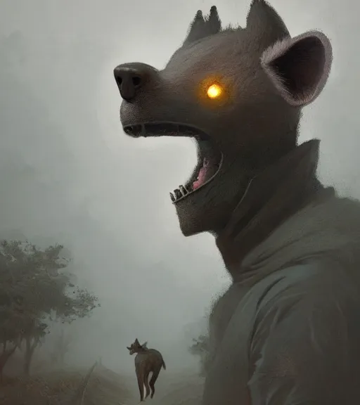 Prompt: extremely foggy dirt road portrait of furry anthro anthropomorphic spotted hyena head animal person fursona wearing clothes strange cybernetic muzzle gloomy digital art by Greg Rutkowski, Simon Stalenhag, christopher nolan trending on Artstation, CGSociety