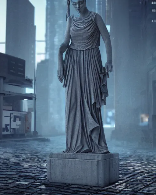 Prompt: a weeping angel statue in a cyberpunk dystopian city, aesthetic octane render, 8 k hyperrealistic, futuristic