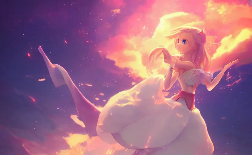 Image similar to Princess rosalina, anime painting, 3d render, hyper realistic, dramatic lighting, the sky is a nebula on fire, 8k hdr pixiv dslr photo by Makoto Shinkai ilya kuvshinov and Wojtek Fus, digital art, concept art,