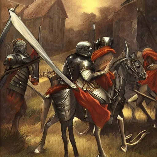 Image similar to knight holding a broken longsword facing a group of attackers, he looks unsteady and scared, medieval, fantasy, digital art, detailed