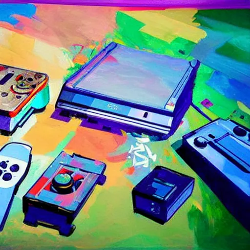 Prompt: a broken videogame console, colorful painting, compelling