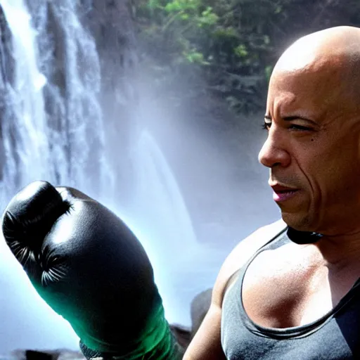 Prompt: Vin Diesel punching an alien wearing a Sombrero in the face, in front of a waterfall