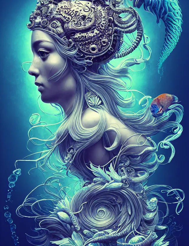 Prompt: goddess macro vintage shouler portrait from bottom to top in crown made of ram skull. betta fish, jellyfish phoenix, plasma, ice, water, wind, creature, super intricate ornaments artwork by tooth wu and wlop and beeple and greg rutkowski and alexander fedosav