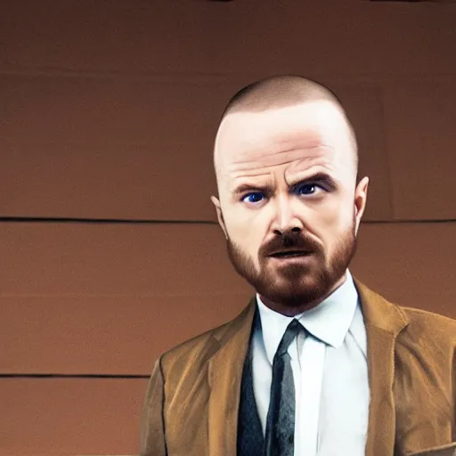 Image similar to Live Action Still of Aaron Paul dressed as Walter White, real life, hyperrealistic, ultra realistic, realistic, highly detailed, epic, HD quality, 8k resolution, body and headshot, film still