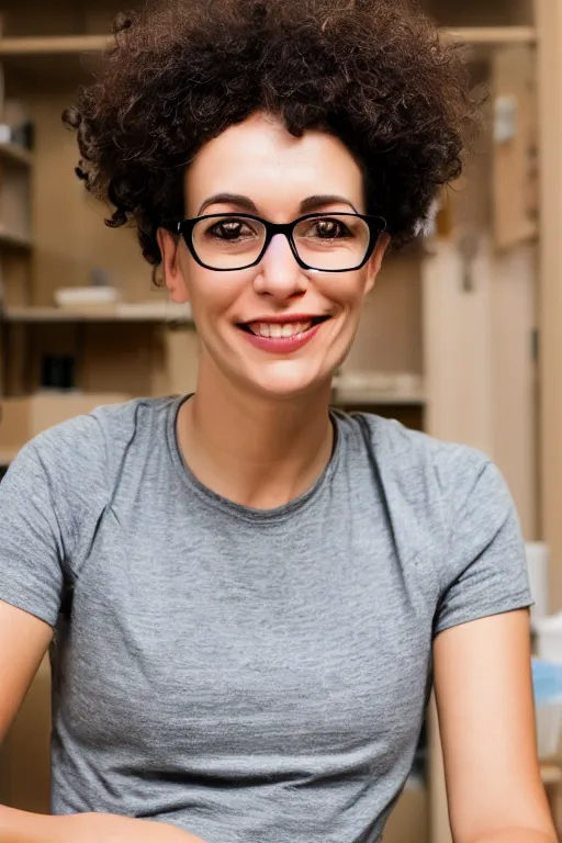 Prompt: tall slim 40 year old woman sitting, short brown curly bobbed hair , small glasses, square jaw, slim face, gentle smile, violet coloured t-shirt