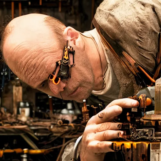 Image similar to balding older cyborg using jeweller's loupe with orange led light, inspecting intricate gun made from rusted cutlery, smoking soldering iron, dark messy cluttered workshop, dark, dramatic lighting, cinematic, highly detailed, sci - fi, futuristic, movie still from blade runner