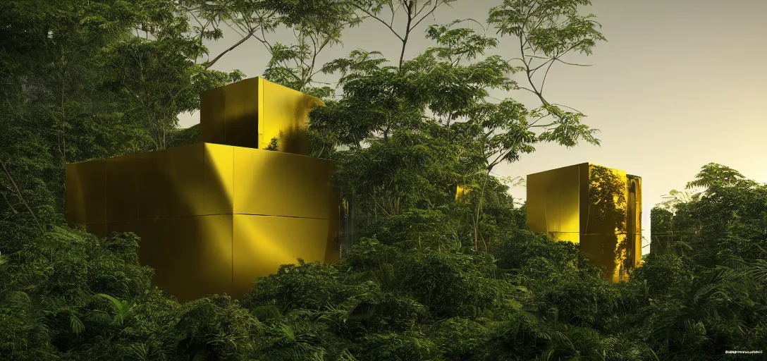 Image similar to futuristic shinny golden building camouflaged in an jungle landscape of a solarpunk world by oscar niemeyer, golden roads le corbusier and frank gerhy, brutalism, movie poster, golden ratio, at dusk lighting, evening lighting, reflections and refractions, film still, hyper realistic, octane render redshift arnold materials unreal engine, 8 k post production, hyper detailed