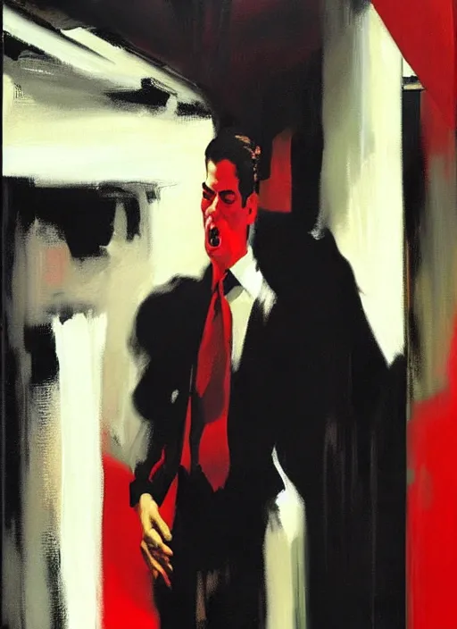 Prompt: dale cooper doppelganger, screaming, WHITE EYES! red curtains, painting by phil hale, 'action lines'!!!, graphic style, visible brushstrokes, motion blur, blurry