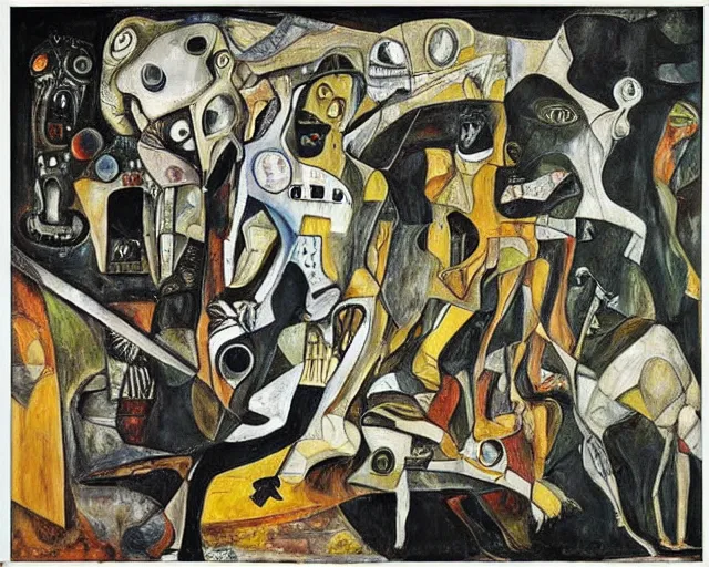 Prompt: a painting of guernica with aliens and robots by graham sutherland, egon schiele, gustav klimt, neo - expressionism