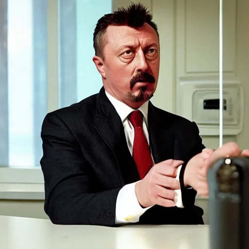 Image similar to Igor Ghirkin Strelkov as The American Psycho doing the Bateman stare, cinematic still