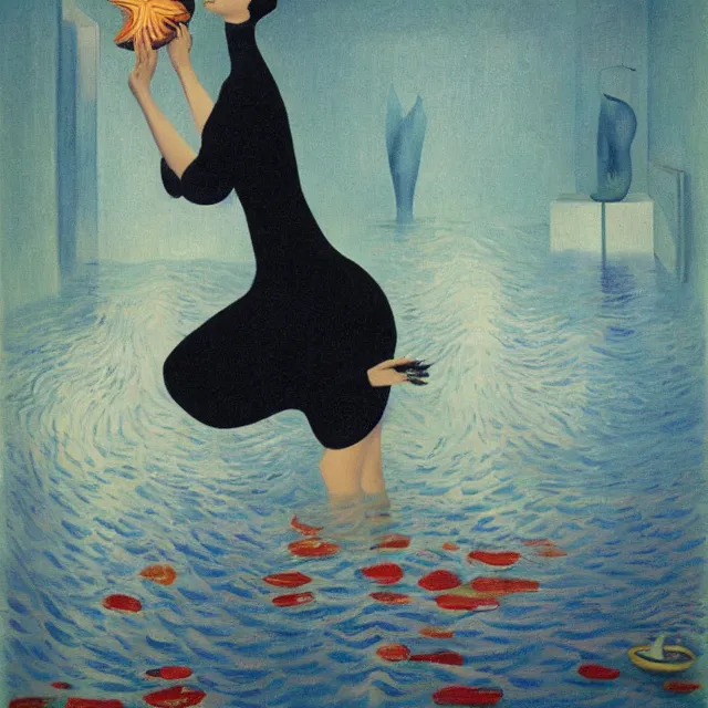 Image similar to tall emo female artist holding a starfish in her flooded kitchen, pomegranates, octopus, water gushing from ceiling, painting of flood waters inside an artist's apartment, a river flooding indoors, ikebana, zen, rapids, waterfall, black swans, canoe, berries, acrylic on canvas, surrealist, by magritte and monet