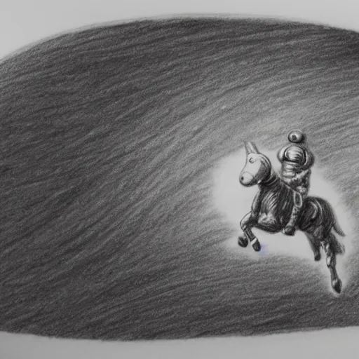 Image similar to Pencil drawing of a spaceman riding a pony at the moon