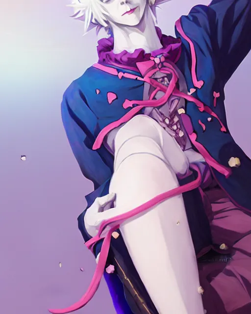 Image similar to extremely attractive soft feminine male as a jester anime character screenshot, nagito komaeda and hisoka jester, anime feminine male fool, intricate, sharp focus, illustration, highly detailed, digital painting, cell shaded, concept art, matte, art by ilya kuvshinov and kyoto animation and wlop, ruan jia, greg rutkowski, studio quality