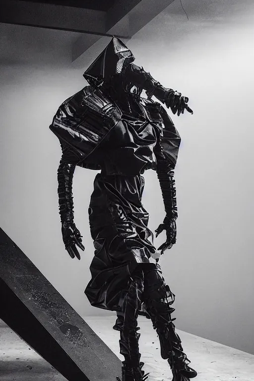 Prompt: avant garde techwear look and clothes, we can see them from feet to head, highly detailed and intricate, hypermaximalist, dystopian futuristic castle background, eerie fog, luxury, Rick Owens, Errolson Hugh, Yohji Yamamoto, cinematic outfit photo