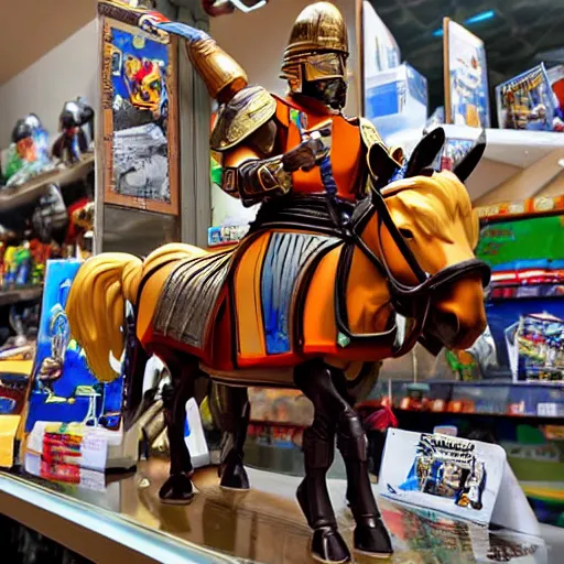 Image similar to full - color photo of a transformers toy that is a roman soldier which transforms into a horse - drawn chariot, displayed on a shelf in a toy store.