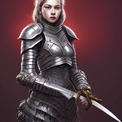 Image similar to portrait digital painting of an armored woman holding a sword by the handle. intricate, elegant, highly detailed, digital painting, artstation, concept art, smooth, sharp focus, illustration, by terry wei, qiu fang, tooth wu, kan liu, siwoo kim, jisu choe