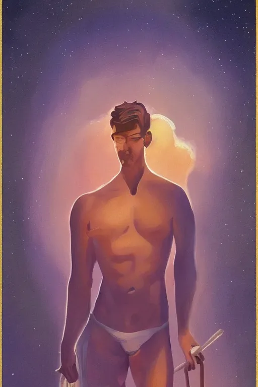 Prompt: a beautiful tarot! painting of a handsome shirtless cowboy in front of a pale lavender sunrise, homoerotic, dawn, predawn, golden light, art deco!, art nouveau, silhouette, trending on artstation