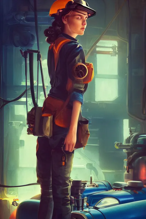 Image similar to a portrait of a cute female mechanic, dieselpunk setting, vivid colors, soft lighting, atmospheric, cinematic, moody, in the style of artgerm and greg rutkowski, oil on canvas, 8 k